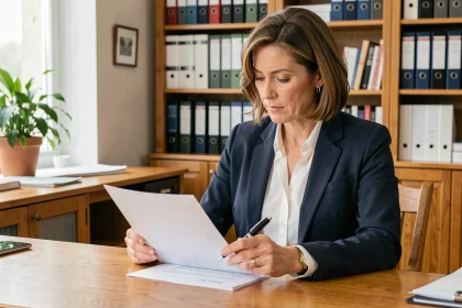 Femme examinant attentivement un compromis de vente immobilier dans un bureau de notaire