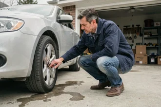 Homme vérifiant la pression des pneus de sa voiture avant un long voyage sur route