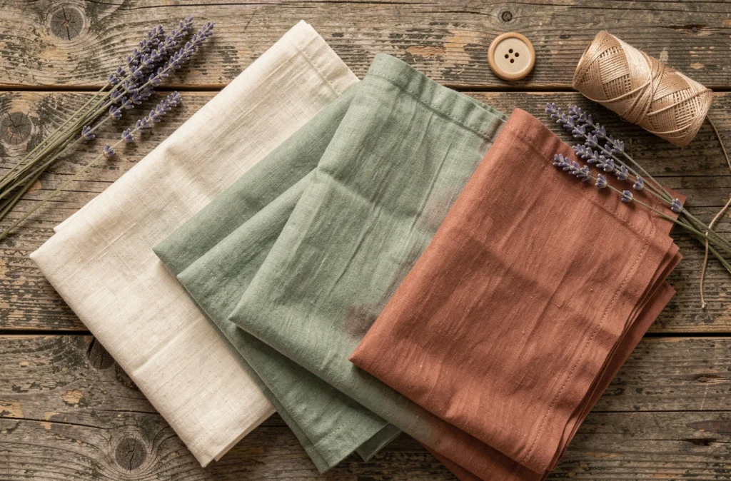 Vêtements en lin naturel pliés en flat-lay sur bois brut avec accessoires artisanaux