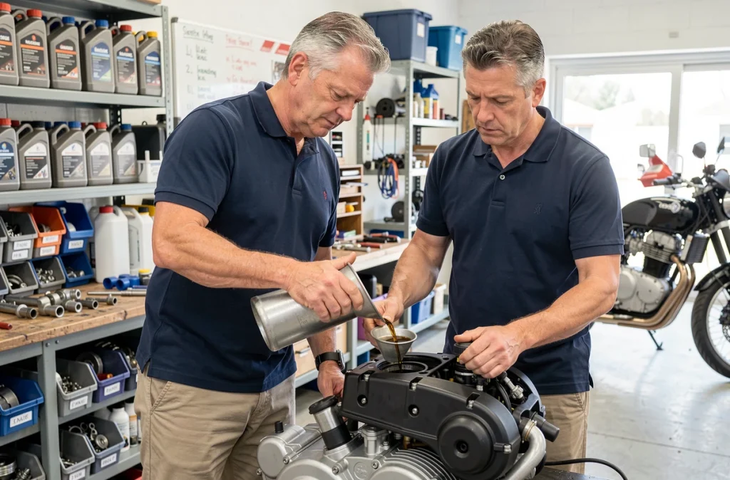 Mécanicien expérimenté effectuant une vidange d'huile moteur dans un atelier moto professionnel