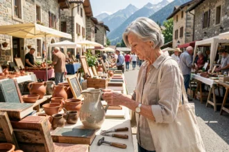 Femme chinant une cruche en céramique vintage sur un vide grenier en Haute-Savoie avec montagnes en arrière-plan