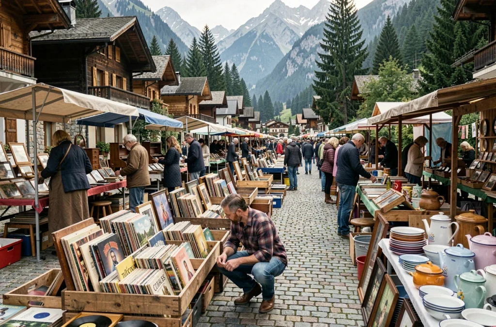 Vue large d'un vide grenier animé dans un village de Haute-Savoie avec chineurs et étals de brocante en plein air