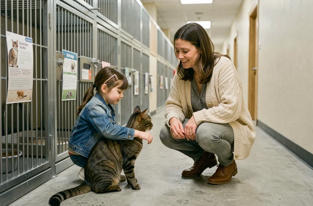 Mère et fille en visite dans un refuge animalier pour adopter un chat tigré